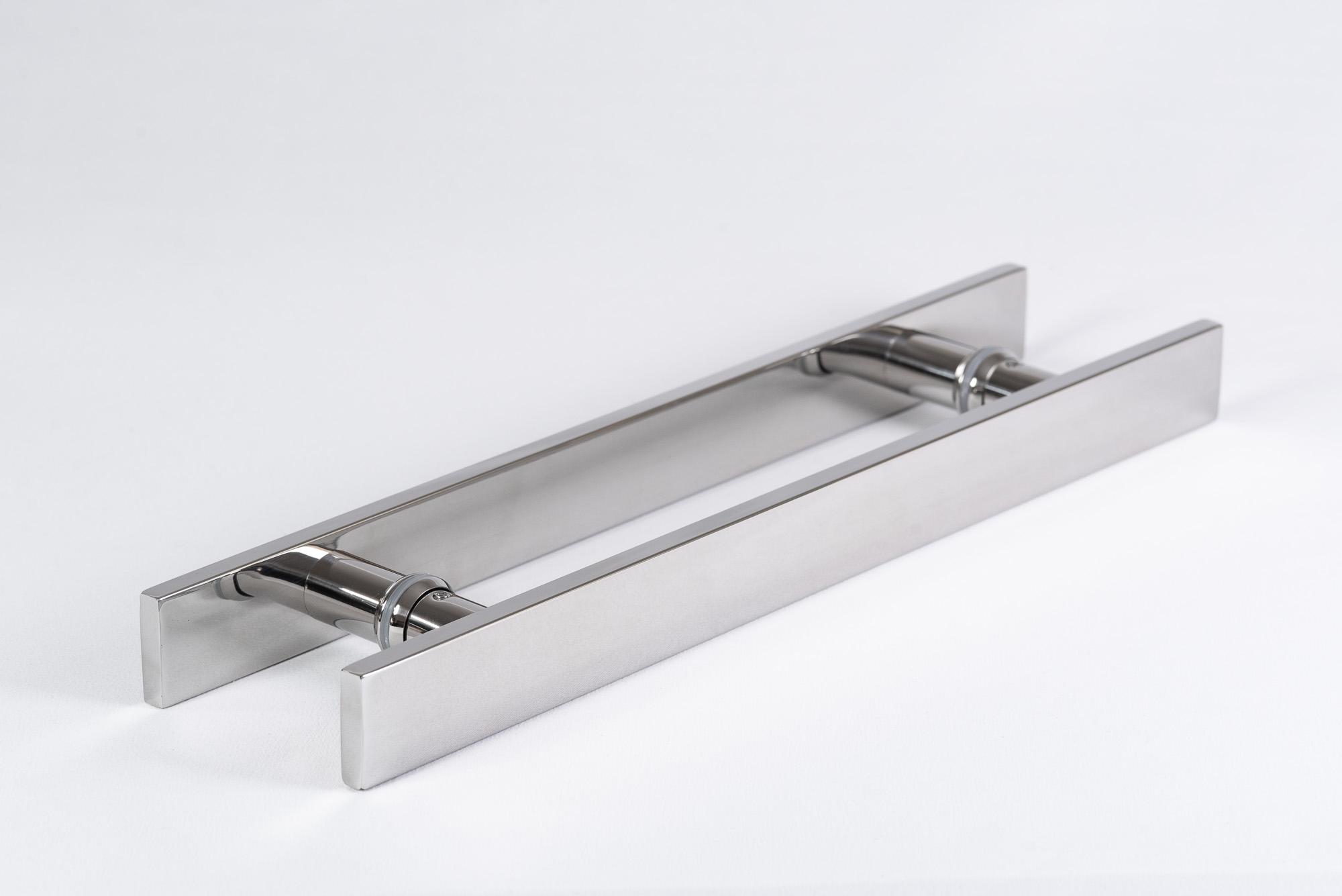 Puxador Porta Pivotante Madeira Vidro Barra Chata 45 cm Aço Inox Polido