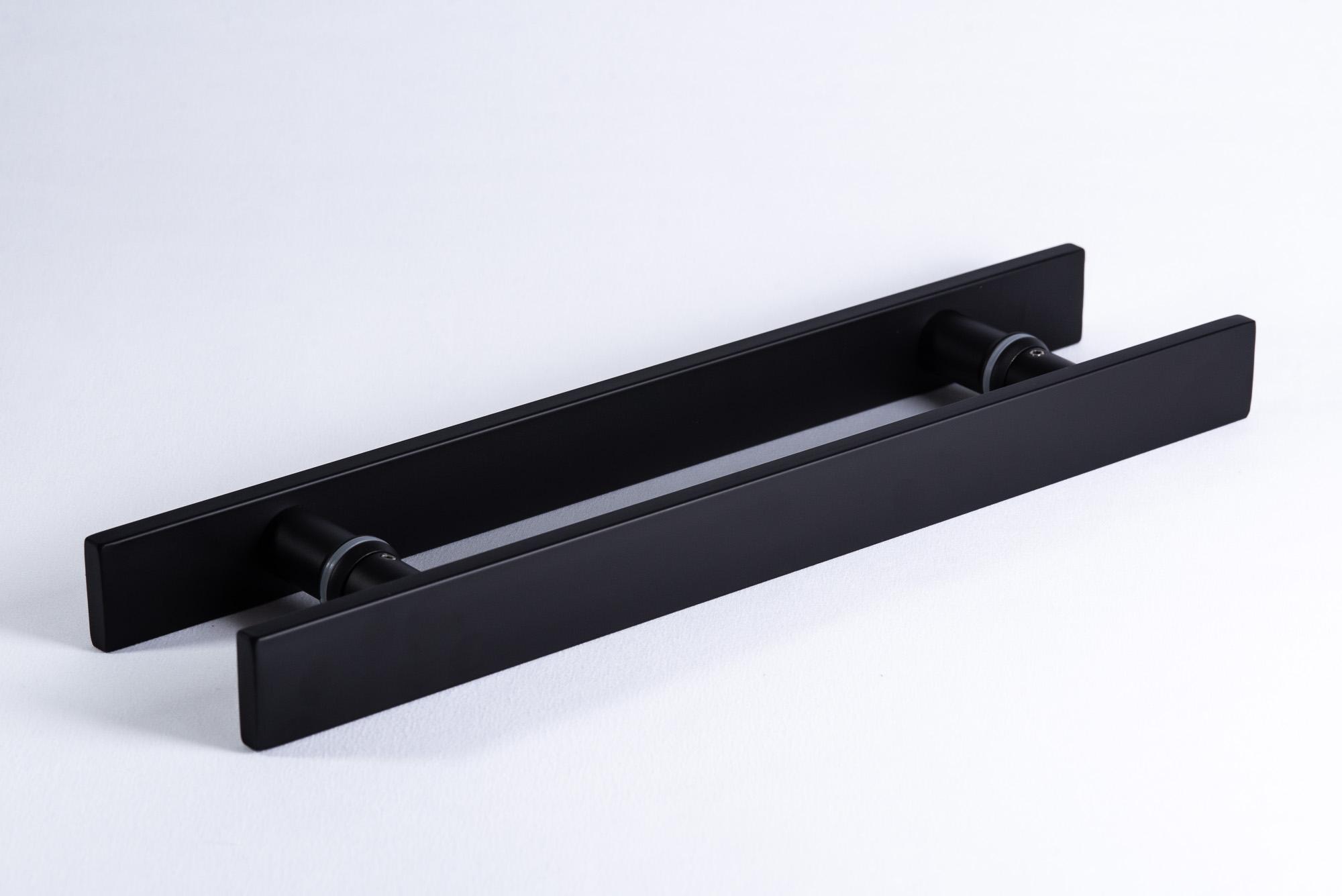 Puxador Porta Pivotante Madeira Vidro Barra Chata 45 cm Aço Inox Preto Fosco