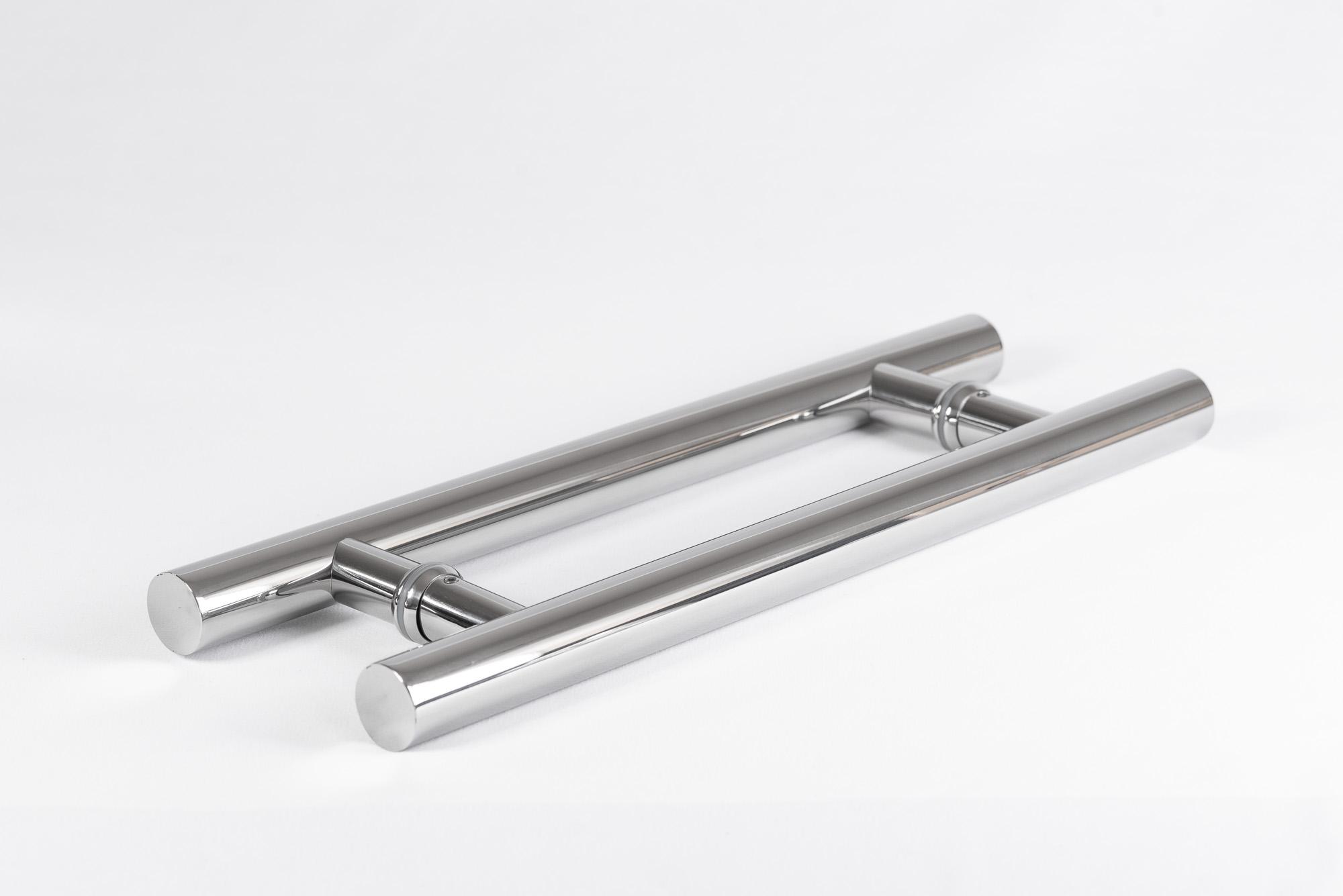 Puxador Porta Pivotante Madeira Vidro H Tubular 45 cm Aço Inox Polido
