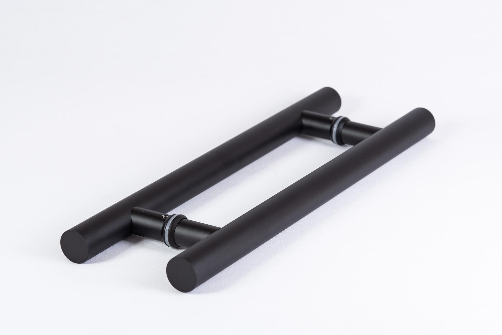 Puxador Porta Pivotante Madeira Vidro H Tubular 45 cm Aço Inox Preto Fosco